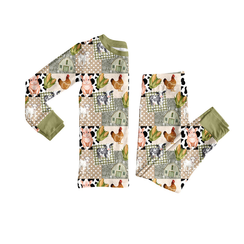 preorder BLP1272 farm pig chick corn animals green long sleeve pants boys pajamas