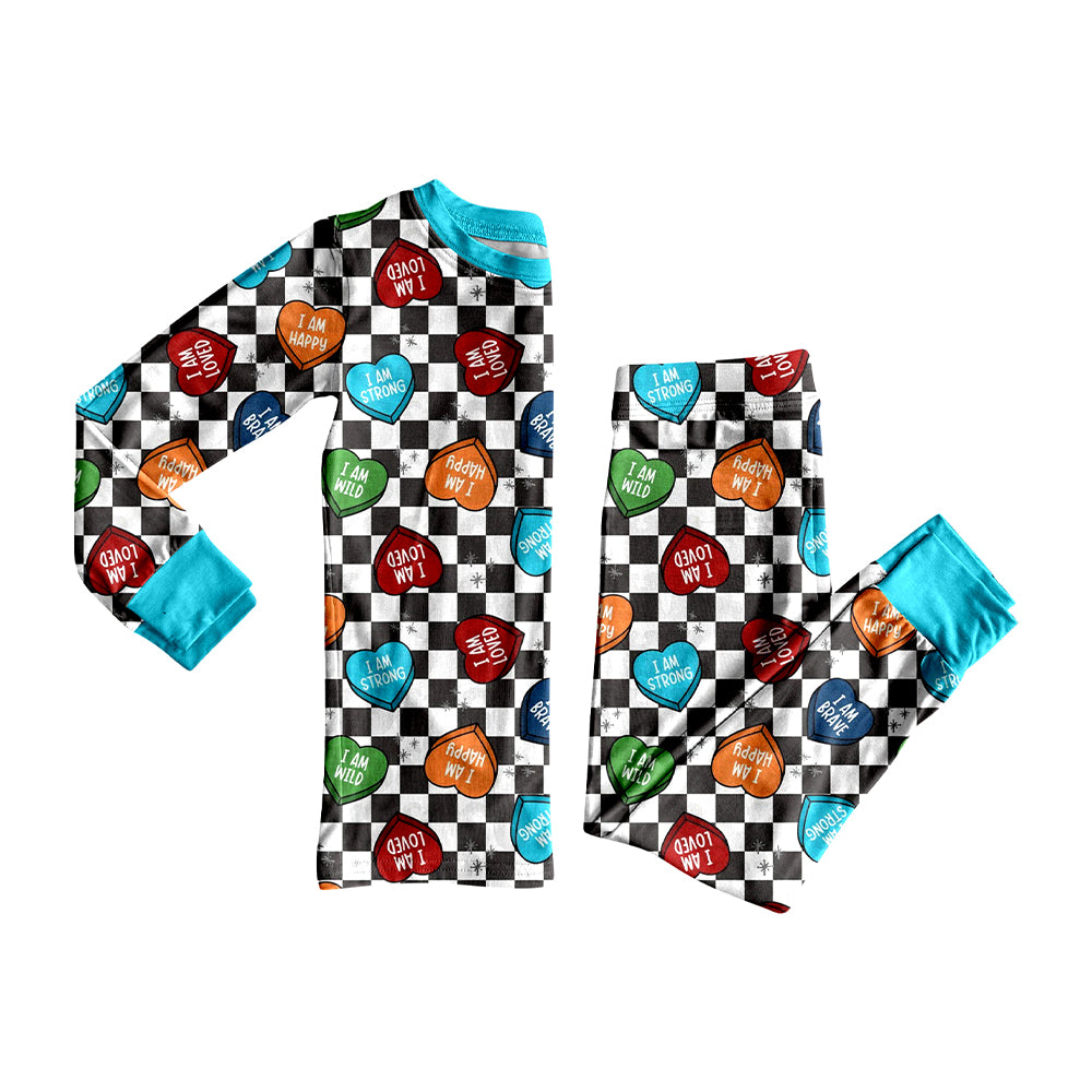 preorder BLP1281 Valentine's Day i am loved black checkered blue long sleeve pants boys pajamas