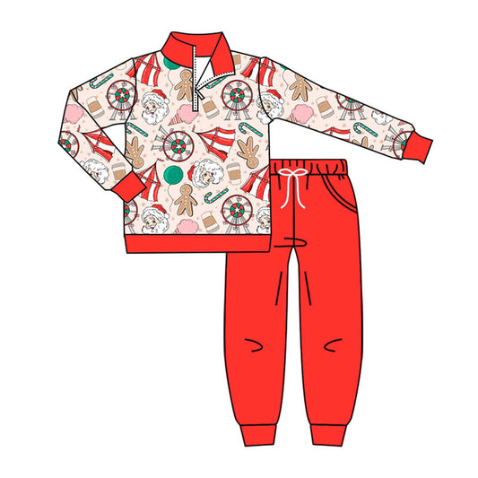 preorder BLP1287 Christmas Santa gingerbread man zipper long sleeev red pants boys set