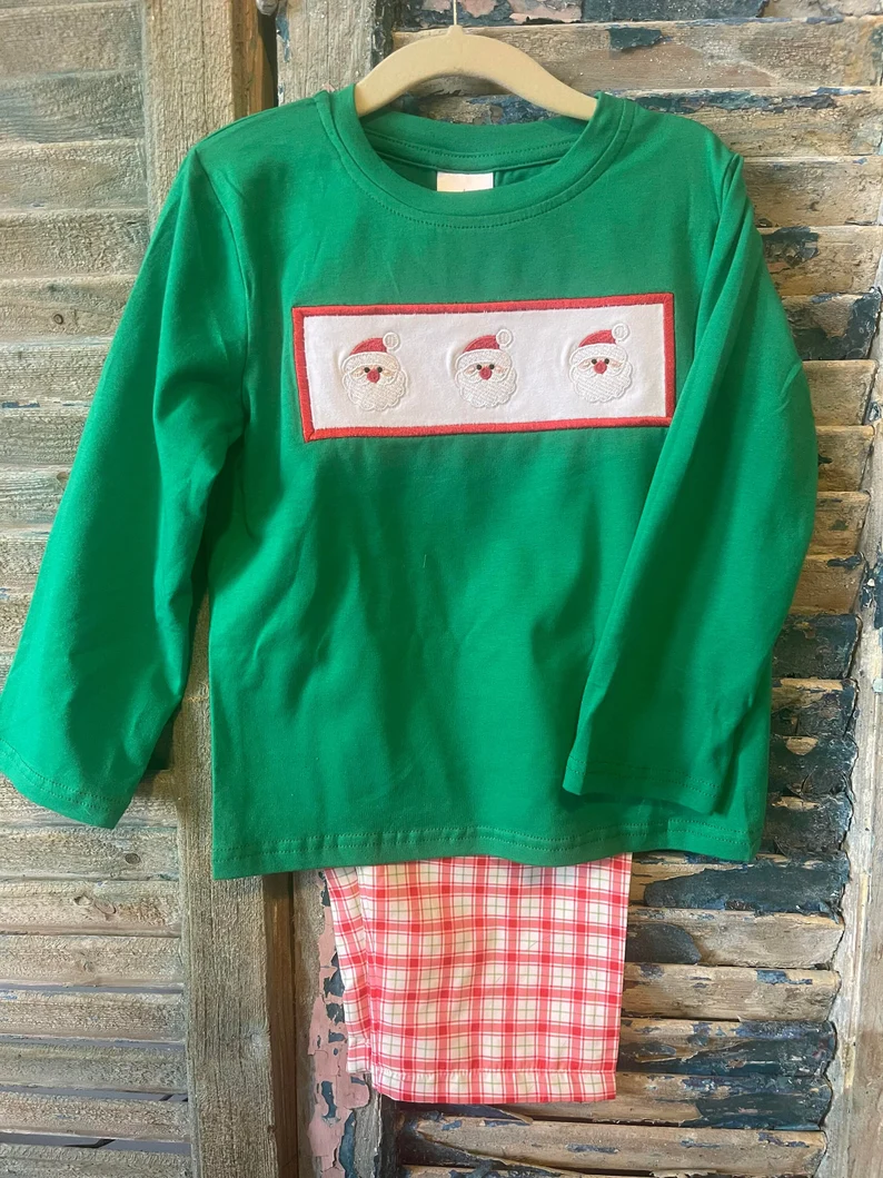 preorder BLP1288 Christmas Santa green long sleeve red checkered pants boys set