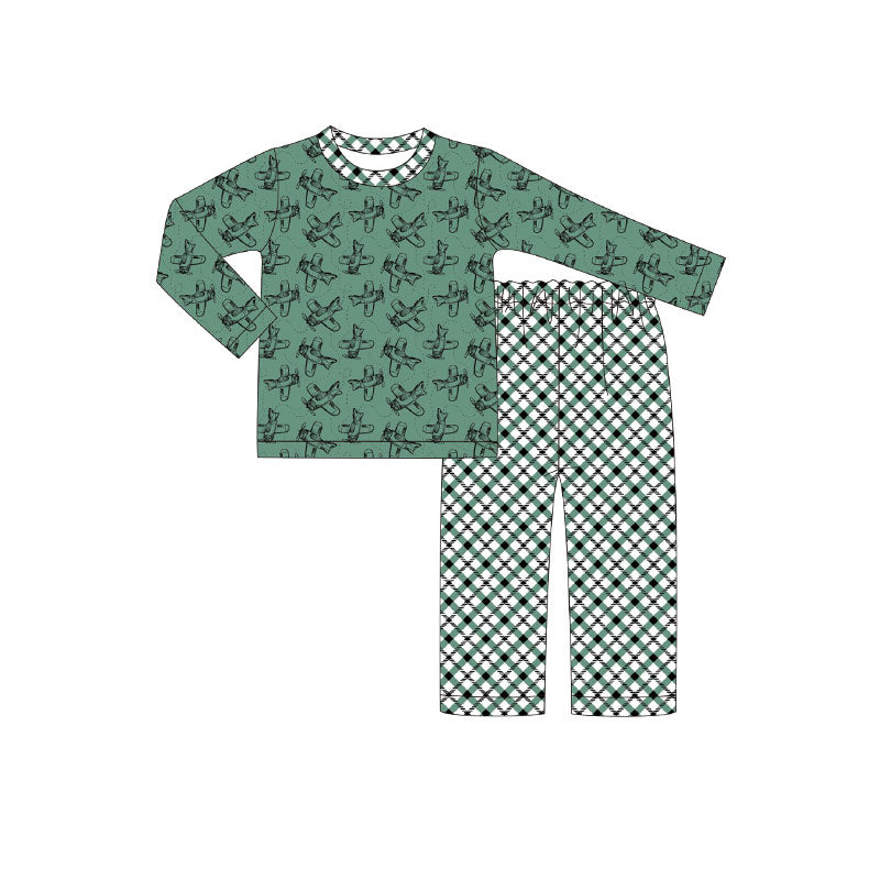 preorder BLP1291 cute plane green long sleeve green chekered pants boys set