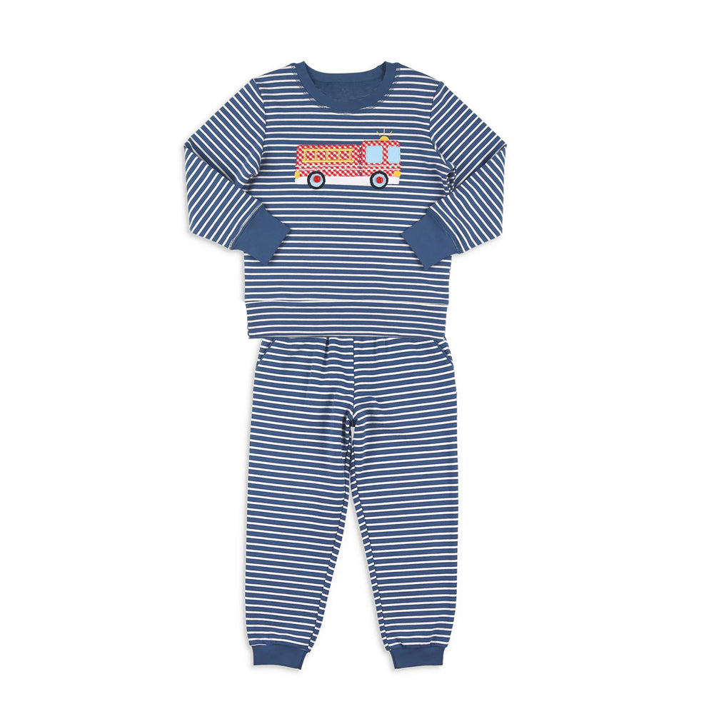 preorder BLP1297 fire truck navy blue striped long sleeve pants boys set