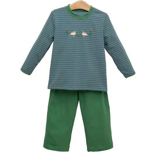 preorder BLP1306 hunting mallard duck dark green striped long sleeve green pants boys set