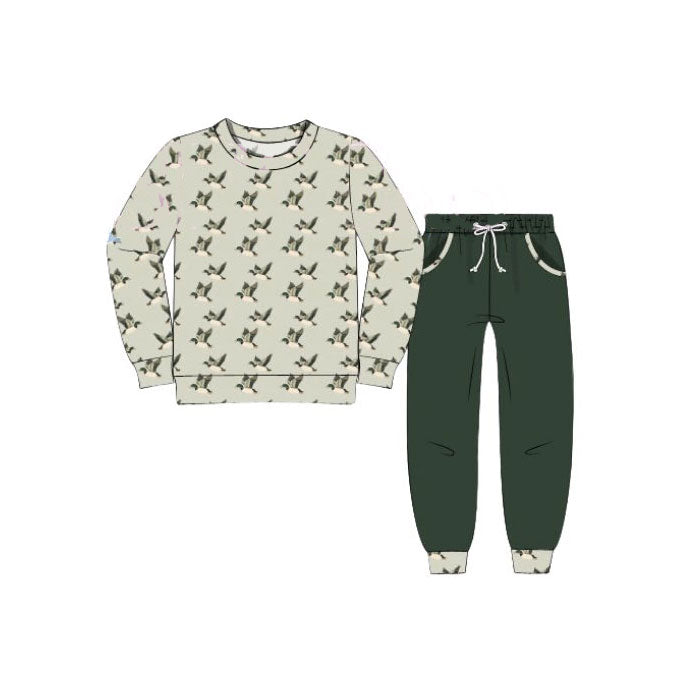 preorder BLP1308 hunting mallard duck long sleeve dark green pants boys set