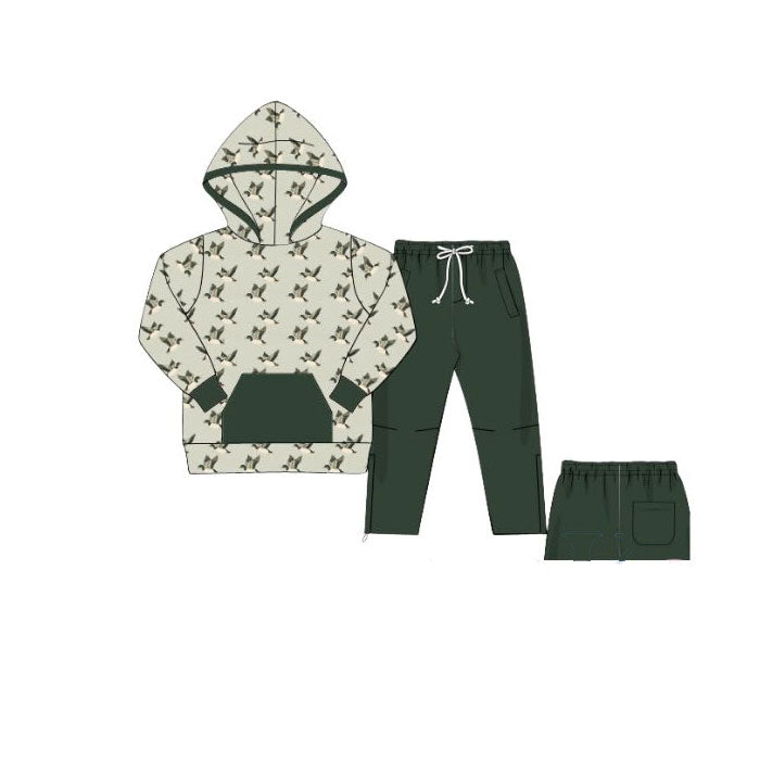 preorder BLP1310 hunting mallard duck pocket hoodie long sleeve dark green pants boys set