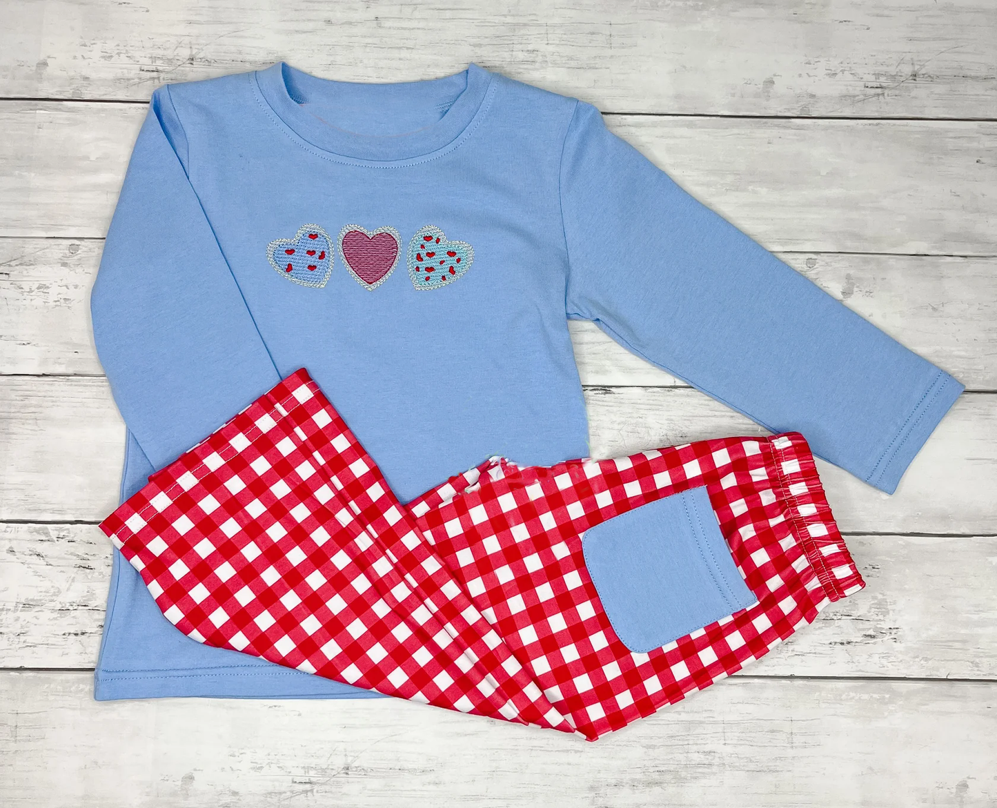 preorder BLP1314 Valentine's Day heart blue long sleeve red checkered pants boys set