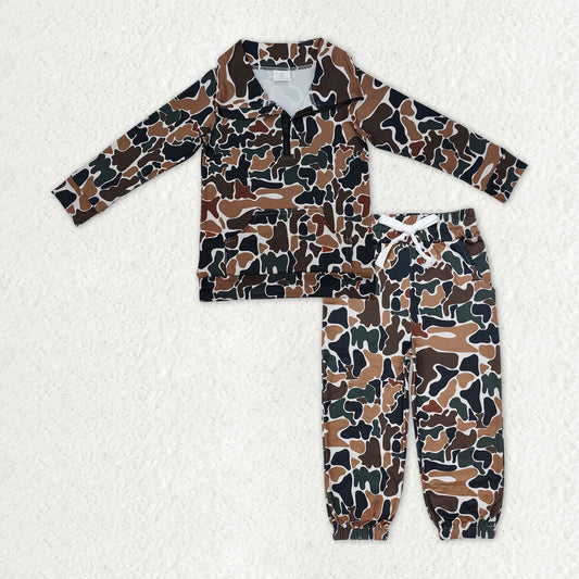 BLP1318 hunting camo pocket zipper long sleeve pants boys set