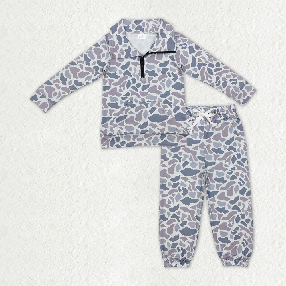 BLP1319 hunting grey camo pocket zipper long sleeve pants boys set