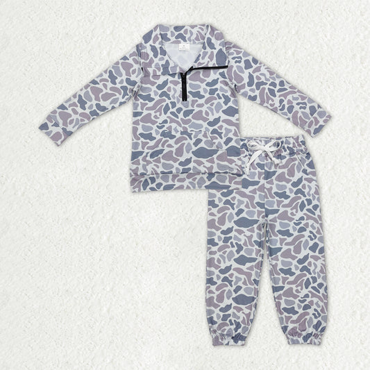 BLP1319 hunting grey camo pocket zipper long sleeve pants boys set
