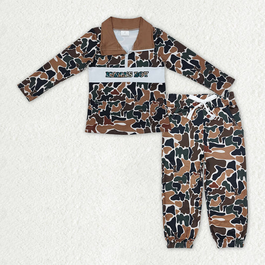 BLP1325 embroidery mama's boy camo zipper long sleeve pants boys set