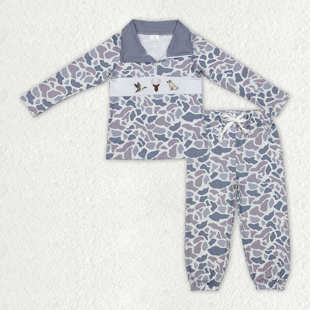 BLP1326 embroidery hunting dog deer malalrd duck grey camo zipper long sleeve pants boys set