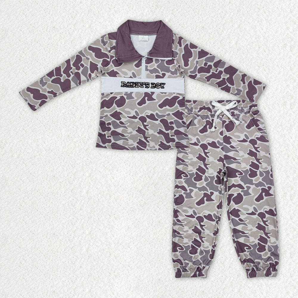 BLP1327 embroidery mama's boy camo zipper long sleeve pants boys set