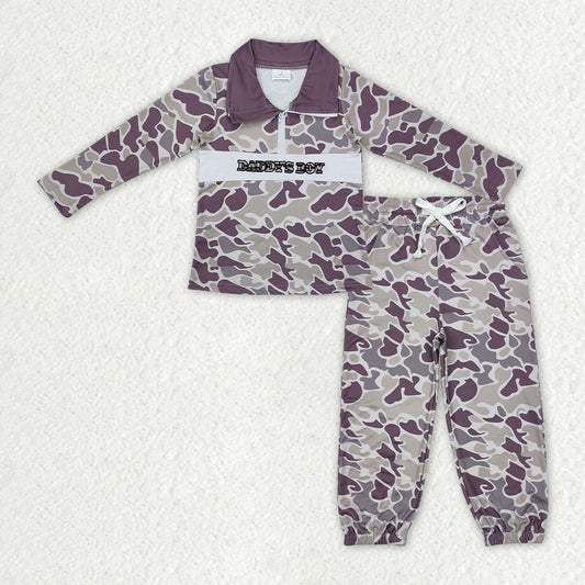 BLP1327 embroidery mama's boy camo zipper long sleeve pants boys set