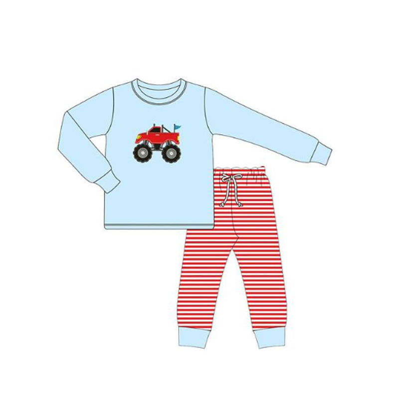 preorder BLP1348 off-road vehicle blue long sleeve red striped pants boys set