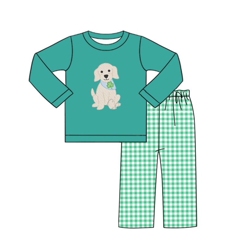 preorder BLP1356 St Patrick dog clover green long sleeve checkered pants boys set