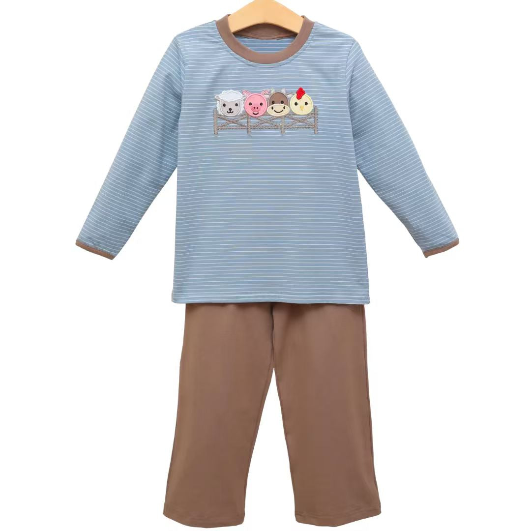 preorder BLP1372 farm animals cow pig blue long sleeve brown pants boys set