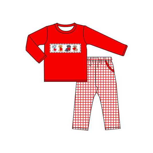preorder BLP1373 Valentine's Day heart dog red long sleeve checkered pants boys set