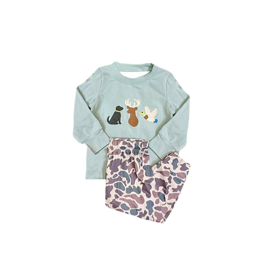 preorder BLP1383 Hunting Dog Deer Mallard Duck Long Sleeve Camo Pants Boys Set