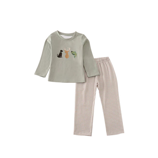 preorder BLP1384 Hunting Dog Deer Fishing Long Sleeve Checkered Pants Boys Set
