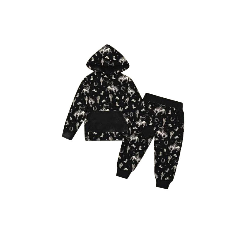preorder BLP1392 Western Rodeo Cactus Black Hoodie Long Sleeve Pants Boys Pajamas
