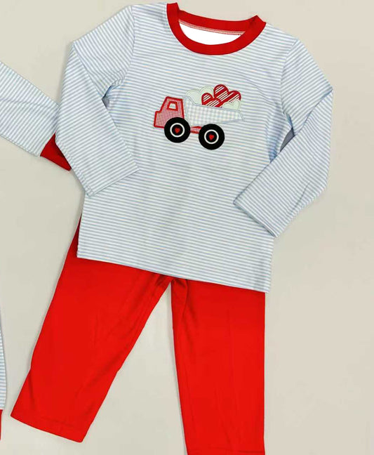 preorder BLP1396 Valentine's Day Heart Truck Long Sleeve Red Pants Boys Set