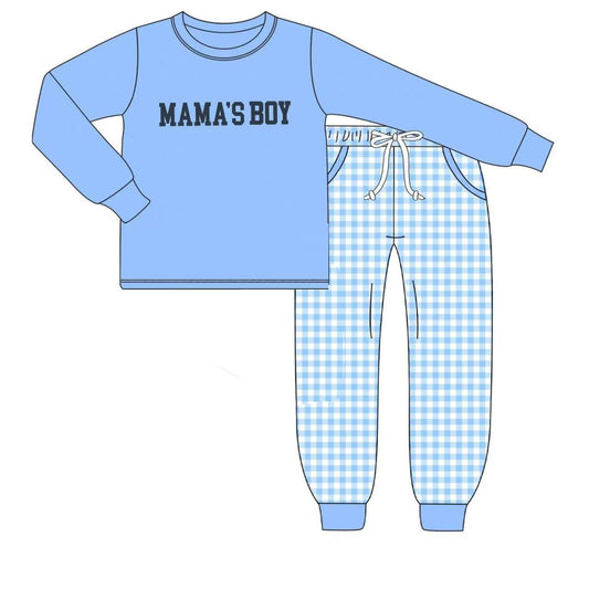 preorder BLP1409 Mama's Boy Blue Long Sleeve Checkered Pants Boys Set