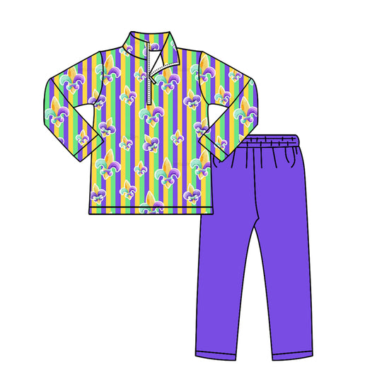 preorder BLP1416 Mardi Gras Zipper Long Sleeve Purple Pants Boys Set
