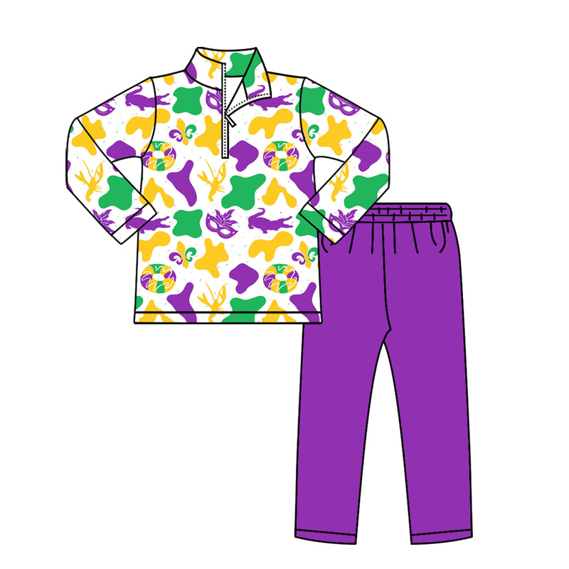 preorder BLP1417 Mardi Gras Zipper Long Sleeve Purple Pants Boys Set