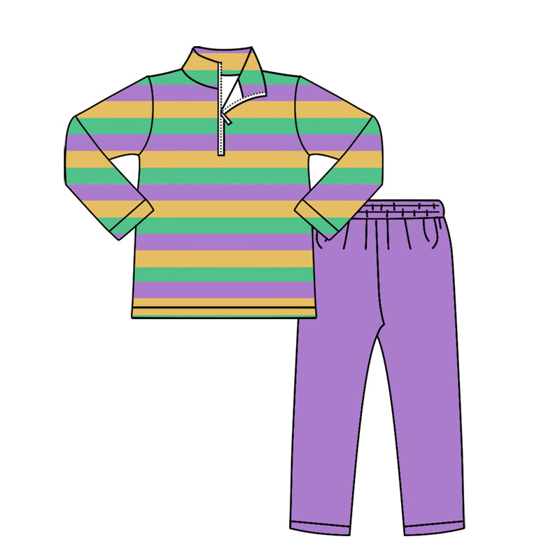 preorder BLP1418 Mardi Gras Zipper Long Sleeve Purple Pants Boys Set