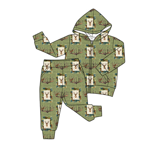 preorder BLP1434 Hunting Deer Green Zipper Hoodie Long Sleeve Pants Boys Set