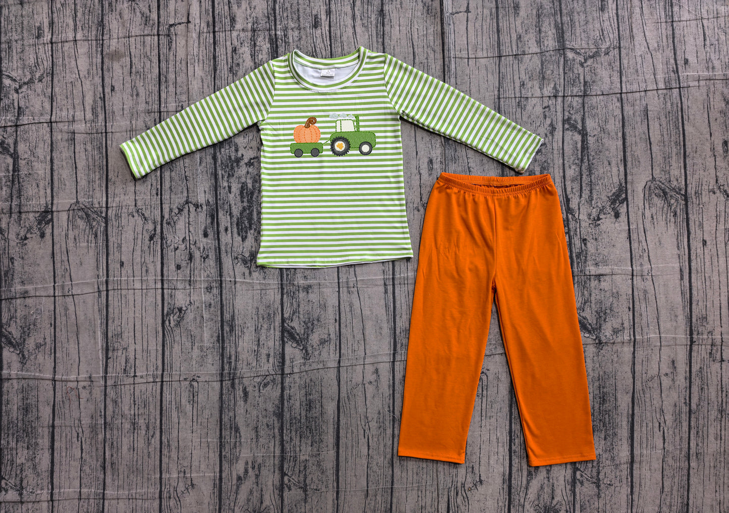 preorder Samples BLP1441 Pumpkin Truck Green Striped Long Sleeve Orange Pants Boys Set