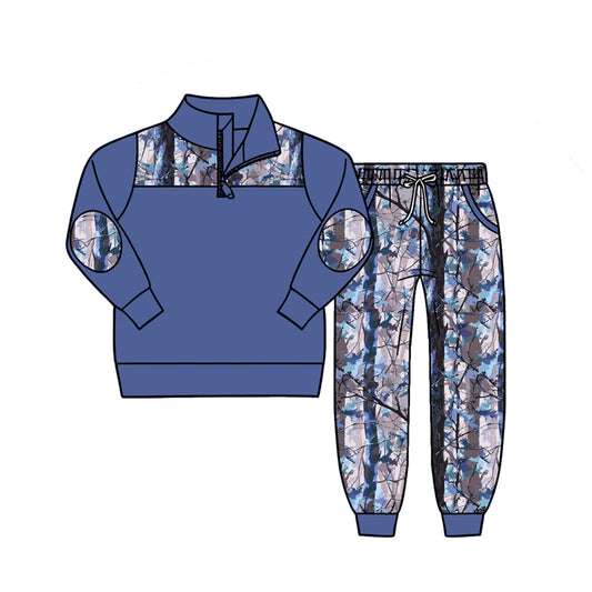 preorder BLP1444 Hunting Camo Blue Zipper Long Sleeve Pants Boys Set