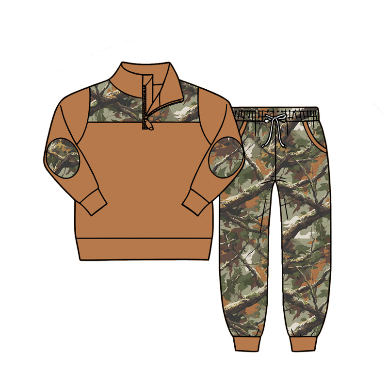 preorder BLP1445 Hunting Camo Brown Zipper Long Sleeve Pants Boys Set