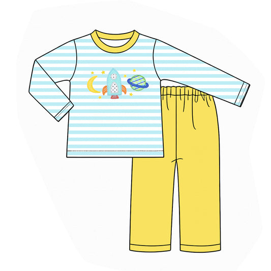 preorder BLP1455 Cartoon Moon Blue Striped Long Sleeve Yellow Pants Boys Set