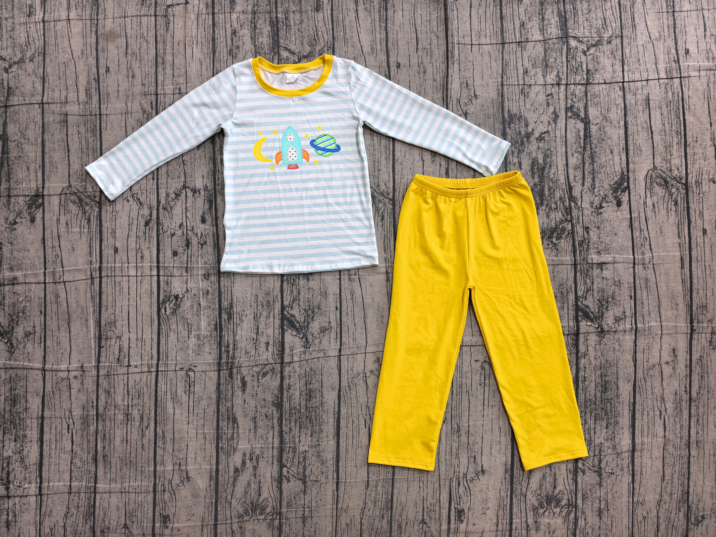 preorder Samples BLP1455 Cartoon Moon Blue Striped Long Sleeve Yellow Pants Boys Set