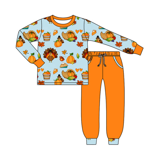 preorder BLP1472 Thanksgiving Turkey Pumpkin Long Sleeve Pants Boys Set