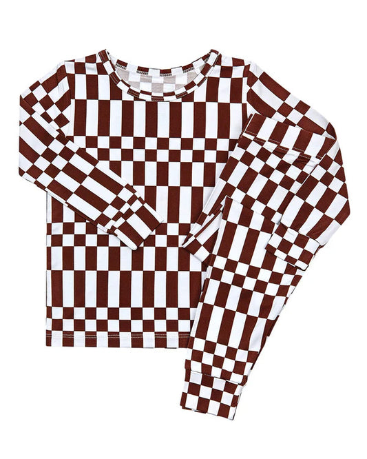 preorder BLP1479 Maroon Checkered Long Sleeve Pants Boys Set