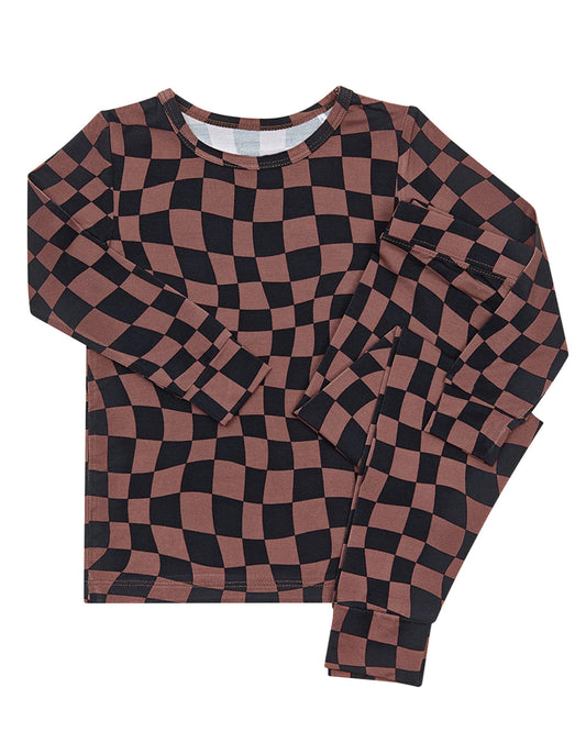 preorder BLP1480 Brown Black Checkered Long Sleeve Pants Boys Set