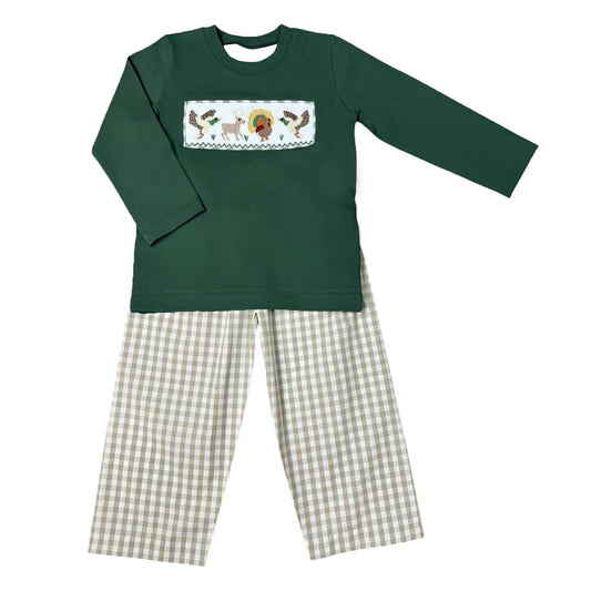 preorder BLP1488 Hunting Turkey Deer Mallard Green Long Sleeve Checkered Pants Boys Set