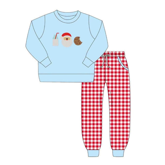 preorder BLP1489 Christmas Santa Milk Blue Long Sleeve Red Checkered Pants Boys Set