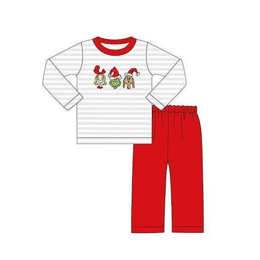 preorder BLP1490 Christmas Green Face Long Sleeve Red Pants Boys Set