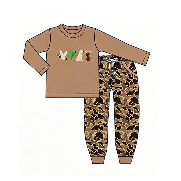 preorder BLP1493 Hunting Mallard Fishing Dog Long Sleeve Camo Pants Boys Set