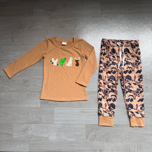 preorder Samples BLP1493 Hunting Mallard Fishing Dog Long Sleeve Camo Pants Boys Set