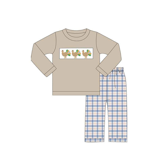 preorder BLP1495 Turkey Khaki Long Sleeve Blue Chekcered Pants Boys Set