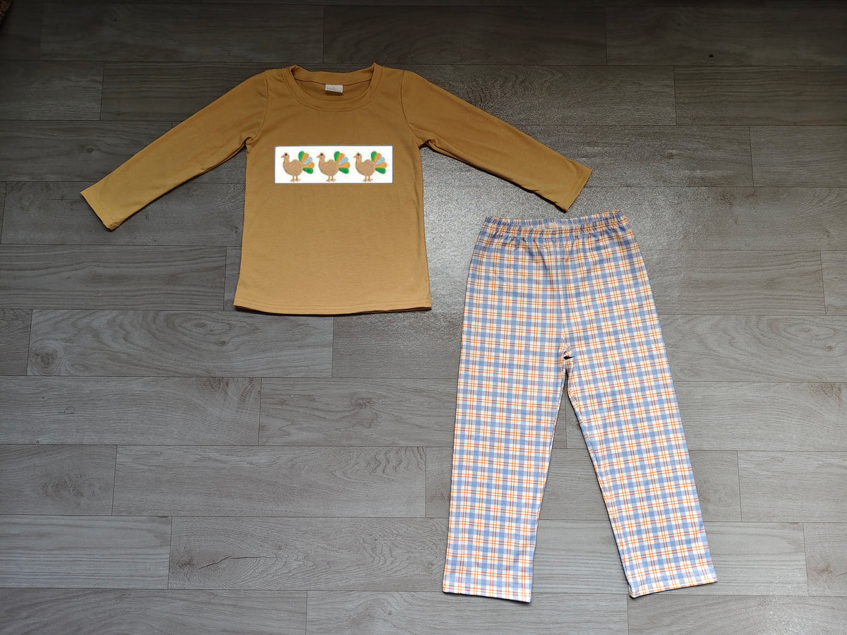preorder Samples BLP1495 Turkey Khaki Long Sleeve Blue Chekcered Pants Boys Set