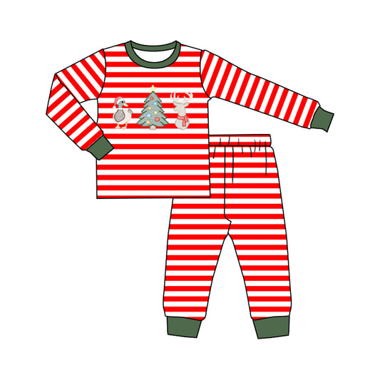 preorder BLP1497 Christmas Tree Red Striped Long Sleeve Pants Boys Pajamas