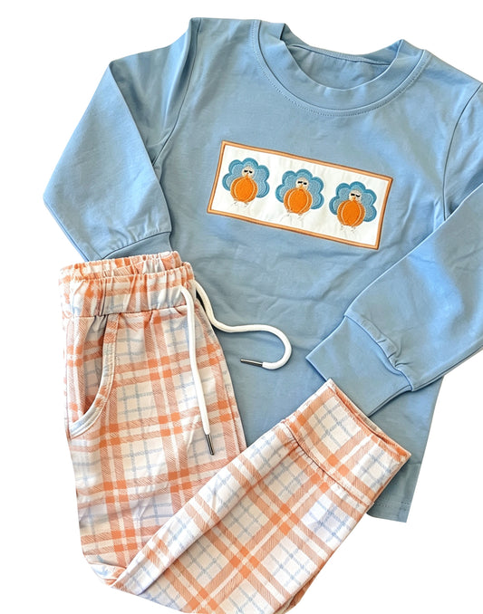 preorder BLP1498 Turkey Blue Long Sleeve Orange Checkered Pants Boys Set