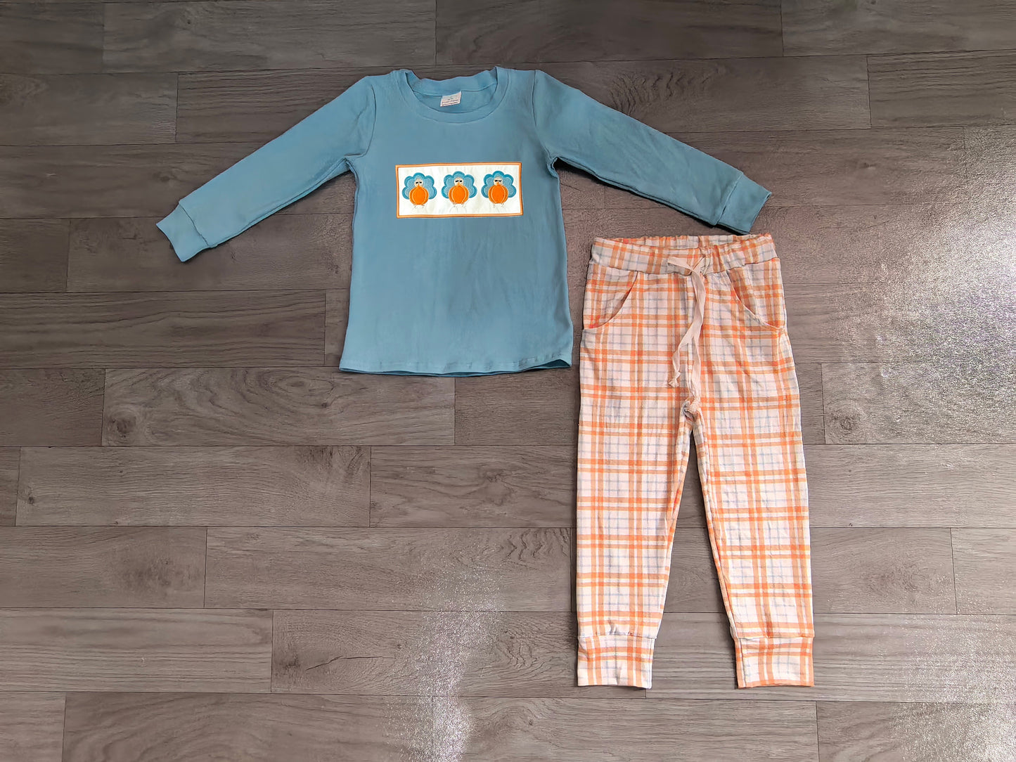preorder Samples BLP1498 Turkey Blue Long Sleeve Orange Checkered Pants Boys Set