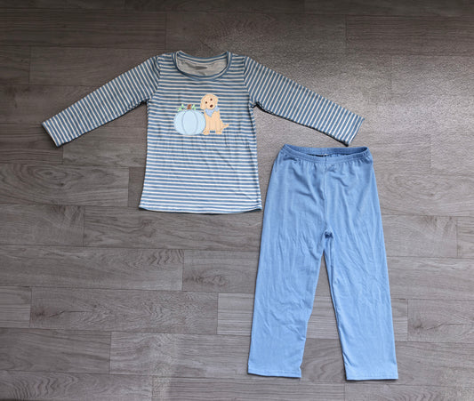 preorder Samples BLP1500 Pumpkin Dog Blue Striped Long Sleeve Pants Boys Set