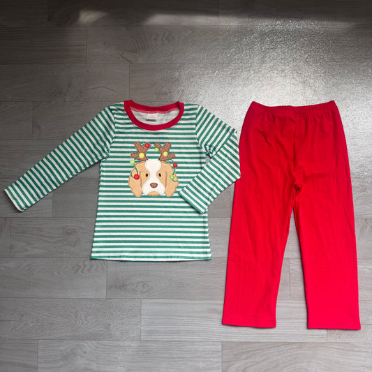 preorder Samples BLP1502 Christmas Dog Green Striped Long Sleeve Red Pants Boys Set